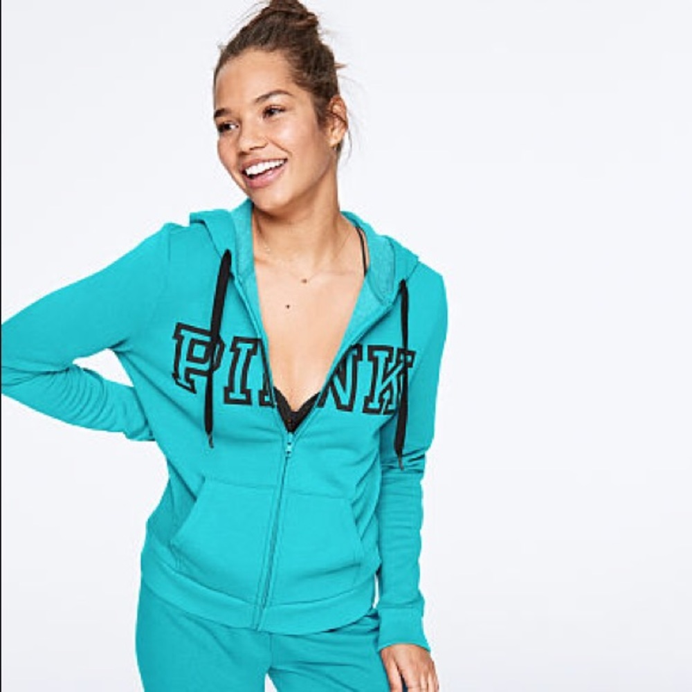 💕VS PINK TURQUOISE & BLACK LOGO FULL ZIP HOODIE - Picture 6 of 11